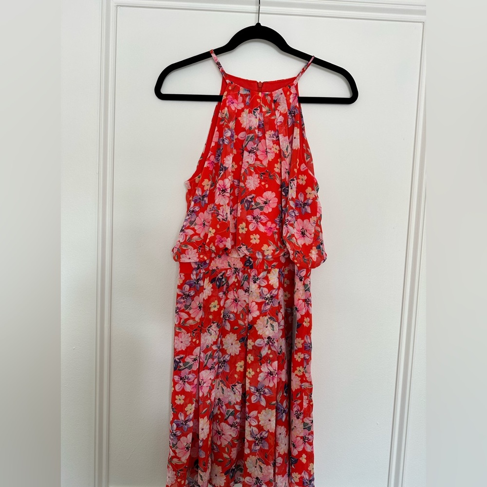 ✨New with Tags✨ high neck red floral pleated skirt chiffon dress